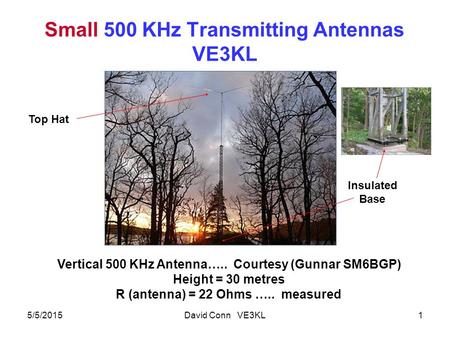Small 500 KHz Transmitting Antennas VE3KL 5/5/2015David Conn VE3KL1 Vertical 500 KHz Antenna….. Courtesy (Gunnar SM6BGP) Height = 30 metres R (antenna)