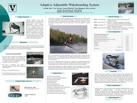 Adaptive Adjustable Wakeboarding System Lorielle Alter 1, Cory Gerken 2, Lauren Mitchell 3, Nick Pilkington 2, Katy Serowka 1 Advisors: Dr. Paul King 1,