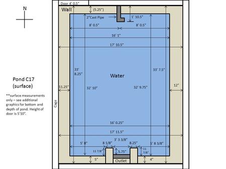 Wall N Pond C17 (surface) Outlet 2”Cast Pipe **surface measurements only – see additional graphics for bottom and depth of pond. Height of door is 5’10”.