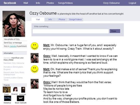 Facebook Ozzy Osbourne is planning to bite the head off another bat at his concert tonight. WallInfoPhotosSongs/VideosOzzy OsbourneLogout View photos of.