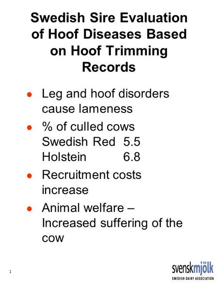 1 Swedish Sire Evaluation of Hoof Diseases Based on Hoof Trimming Records Leg and hoof disorders cause lameness % of culled cows Swedish Red5.5 Holstein6.8.