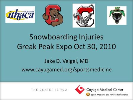 Snowboarding Injuries Greak Peak Expo Oct 30, 2010 Jake D. Veigel, MD www.cayugamed.org/sportsmedicine.