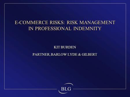 BLG E-COMMERCE RISKS: RISK MANAGEMENT IN PROFESSIONAL INDEMNITY KIT BURDEN PARTNER, BARLOW LYDE & GILBERT KIT BURDEN PARTNER, BARLOW LYDE & GILBERT.