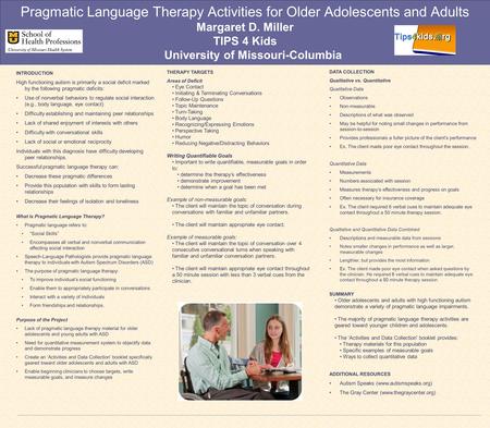 Pragmatic Language Therapy Activities for Older Adolescents and Adults Margaret D. Miller TIPS 4 Kids University of Missouri-Columbia INTRODUCTION High.