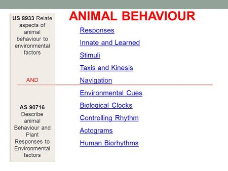 US 8933 Relate aspects of animal behaviour to environmental factors