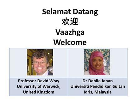 Selamat Datang 欢迎 Vaazhga Welcome Professor David Wray University of Warwick, United Kingdom Dr Dahlia Janan Universiti Pendidikan Sultan Idris, Malaysia.
