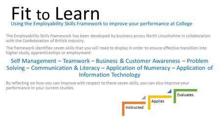 Fit to Learn Using the Employability Skills Framework to improve your performance at College The Employability Skills Framework has been developed by business.