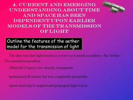 4. Current and emerging understanding about time and space has been dependent upon earlier models of the transmission of light Outline the features of.