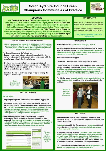 South Ayrshire Council Green Champions Communities of Practice SUMMARY The Green Champions CoP at South Ayrshire Council launched in February 2011. It.