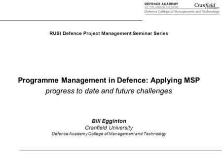 Programme Management in Defence: Applying MSP