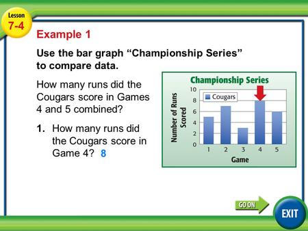 7-4 Lesson 7-4 Example 1 Use the bar graph “Championship Series” to compare data. How many runs did the Cougars score in Games 4 and 5 combined? Example.