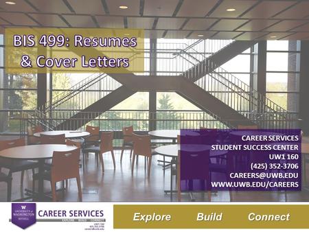 Title of Presentation Here Subtitle Here Explore Build Connect CAREER SERVICES STUDENT SUCCESS CENTER UW1 160 (425) 352-3706