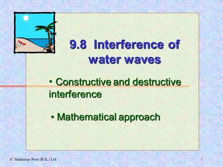 1© Manhattan Press (H.K.) Ltd. Constructive and destructive interference Mathematical approach Mathematical approach 9.8 Interference of water waves.