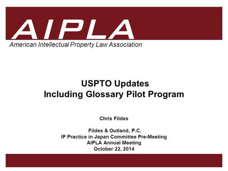 1 1 1 AIPLA American Intellectual Property Law Association USPTO Updates Including Glossary Pilot Program Chris Fildes Fildes & Outland, P.C. IP Practice.