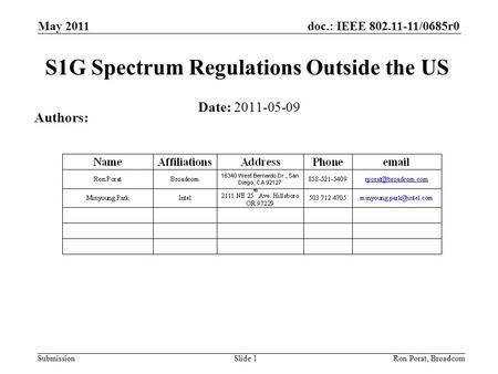 Doc.: IEEE 802.11-11/0685r0 Submission May 2011 Ron Porat, Broadcom S1G Spectrum Regulations Outside the US Date: 2011-05-09 Authors: Slide 1.