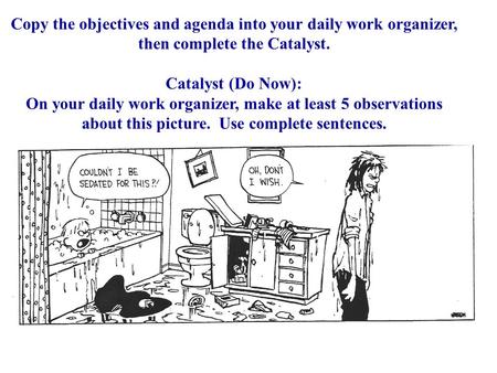 Copy the objectives and agenda into your daily work organizer, then complete the Catalyst. Catalyst (Do Now): On your daily work organizer, make at least.