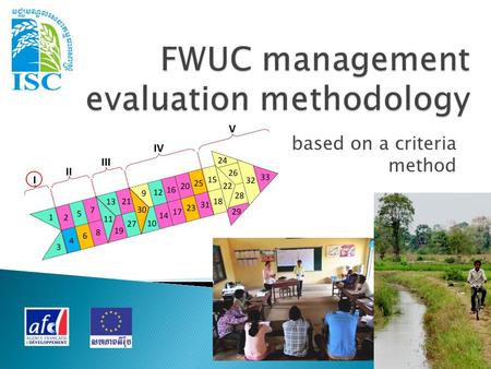 Based on a criteria method. The FWUC capacity to undertake their main tasks:  Operation  Maintenance  Communication and relationship with farmers and.