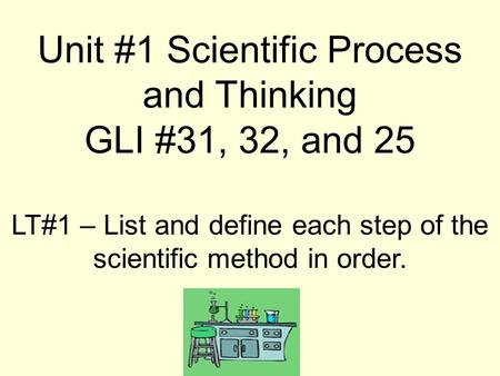 LT#1 – List and define each step of the scientific method in order. Unit #1 Scientific Process and Thinking GLI #31, 32, and 25.