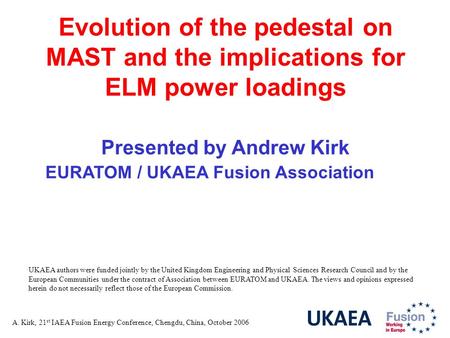 A. Kirk, 21 st IAEA Fusion Energy Conference, Chengdu, China, October 2006 Evolution of the pedestal on MAST and the implications for ELM power loadings.