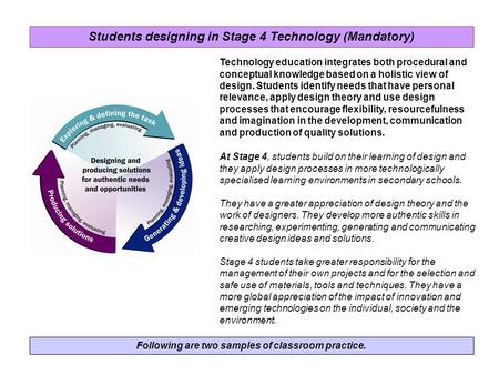 Following are two samples of classroom practice. Technology education integrates both procedural and conceptual knowledge based on a holistic view of design.