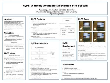 Abstract HyFS: A Highly Available Distributed File System Jianqiang Luo, Mochan Shrestha, Lihao Xu Department of Computer Science, Wayne State University.