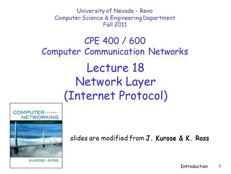 Lecture 18 Network Layer (Internet Protocol)