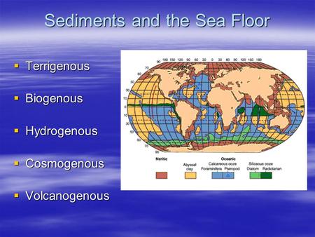 Sediments and the Sea Floor  Terrigenous  Biogenous  Hydrogenous  Cosmogenous  Volcanogenous.