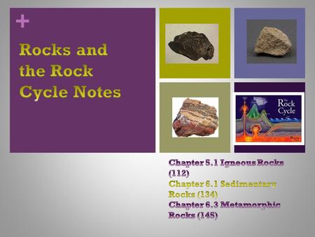 +. + Three types of Rocks 1. Igneous 2. Sedimentary 3. Metamorphic.