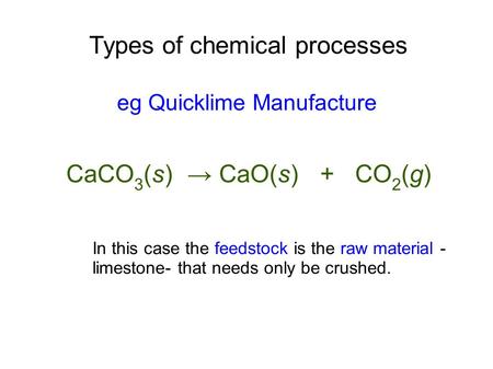 Types of chemical processes eg Quicklime Manufacture CaCO 3 (s) → CaO(s) + CO 2 (g) In this case the feedstock is the raw material - limestone- that needs.