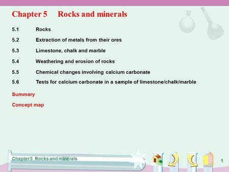 1 Chapter 5Rocks and minerals 5.1Rocks 5.2Extraction of metals from their ores 5.3Limestone, chalk and marble 5.4Weathering and erosion of rocks 5.5Chemical.