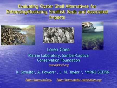 Evaluating Oyster Shell Alternatives for Enhancing/Restoring Shellfish Beds and Associated Impacts Loren Coen Marine Laboratory, Sanibel-Captiva Conservation.