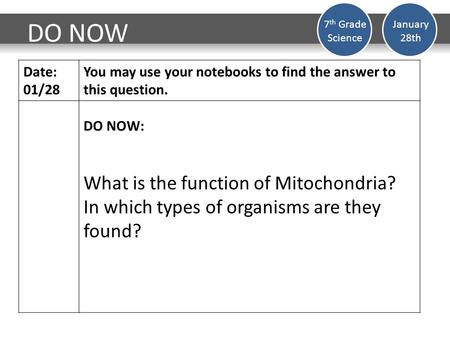 DO NOW Date: 01/28 You may use your notebooks to find the answer to this question. DO NOW: What is the function of Mitochondria? In which types of organisms.
