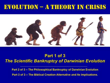 Evolution – a Theory in Crisis Part 1 of 3 The Scientific Bankruptcy of Darwinian Evolution Part 2 of 3 – The Philosophical Bankruptcy of Darwinian Evolution.