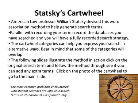 Statsky’s Cartwheel American Law professor William Statsky devised this word association method to help generate search terms. Parallel with recording.