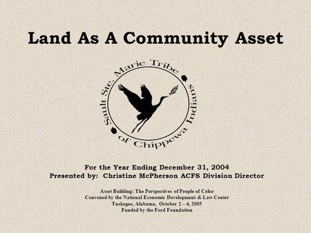 Land As A Community Asset For the Year Ending December 31, 2004 Presented by: Christine McPherson ACFS Division Director Asset Building: The Perspectives.