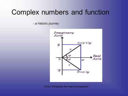 Complex numbers and function - a historic journey (From Wikipedia, the free encyclopedia)