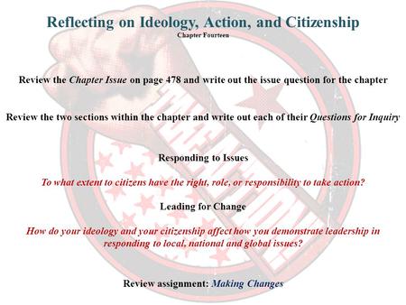 Review the Chapter Issue on page 478 and write out the issue question for the chapter Reflecting on Ideology, Action, and Citizenship Chapter Fourteen.