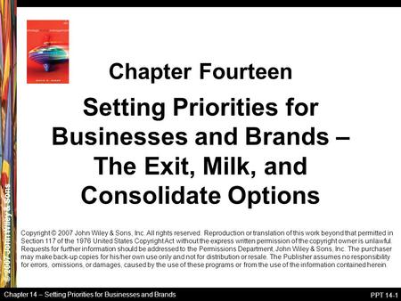 Chapter Fourteen Setting Priorities for Businesses and Brands – The Exit, Milk, and Consolidate Options Copyright © 2007 John Wiley & Sons, Inc. All rights.