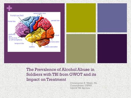 + The Prevalence of Alcohol Abuse in Soldiers with TBI from GWOT and its Impact on Treatment Christopher R. Walsh, PA. Commander, USPHS MACH TBI Service.