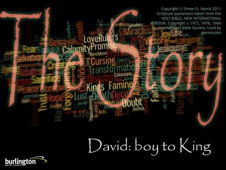 David: boy to King Copyright © Simon G. Harris 2011 Scripture quotations taken from the HOLY BIBLE, NEW INTERNATIONAL VERSION. Copyright © 1973, 1978,