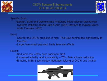 OICW System Enhancements STO III.WP.2000.01 Specific Goal: Design, Build and Demonstrate Prototype Micro-Electro Mechanical Systems (MEMS) based Safe &
