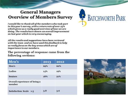 General Managers Overview of Members Survey The percentage of response came from the following sections: I would like to thank all of the members who took.