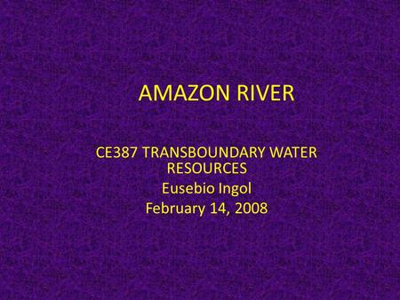 AMAZON RIVER CE387 TRANSBOUNDARY WATER RESOURCES Eusebio Ingol February 14, 2008.