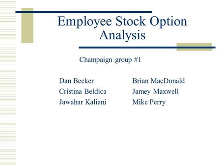 Employee Stock Option Analysis Champaign group #1 Dan BeckerBrian MacDonald Cristina BeldicaJamey Maxwell Jawahar KalianiMike Perry.