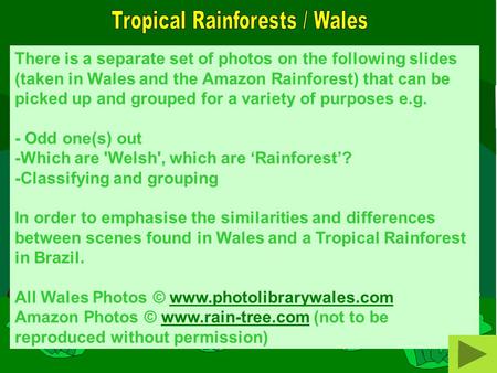 There is a separate set of photos on the following slides (taken in Wales and the Amazon Rainforest) that can be picked up and grouped for a variety of.