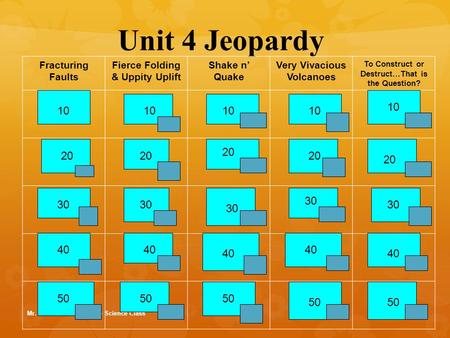 Unit 4 Jeopardy Fracturing Faults Fierce Folding & Uppity Uplift