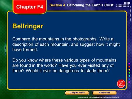 Chapter F4 Section 4  Deforming the Earth’s Crust Bellringer