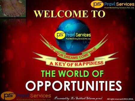 OPPORTUNITIES THE WORLD OF WELCOME TO All right reserved 2013-2014. Presented by : Er.Subhash Sharma pravl.