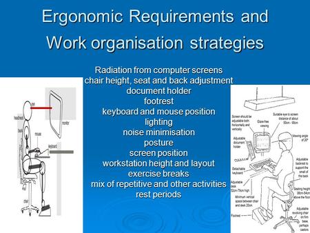 Ergonomic Requirements and Work organisation strategies Radiation from computer screens chair height, seat and back adjustment document holder footrest.