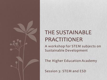 A workshop for STEM subjects on Sustainable Development The Higher Education Academy Session 3: STEM and ESD THE SUSTAINABLE PRACTITIONER.